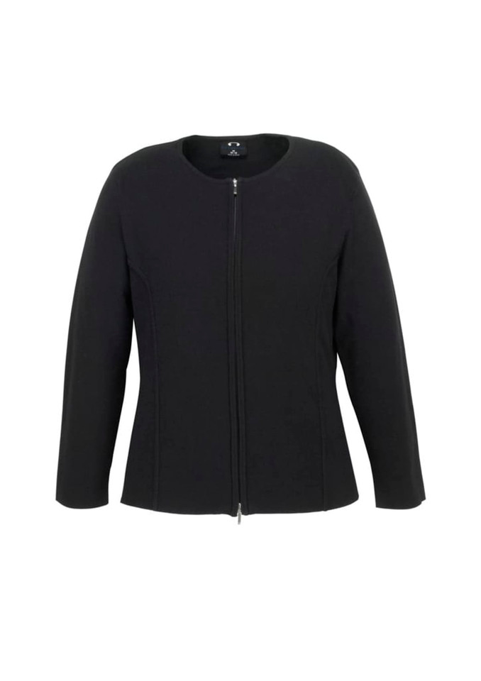 A black women's 2-way zip cardigan with long sleeves and a fitted design. It features a logo on the collar.