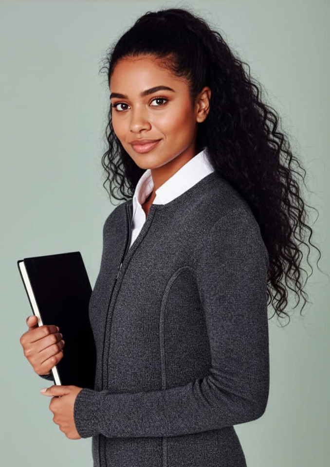 A woman with curly hair wearing a grey 2-way zip cardigan, holding a notebook. The cardigan features a fitted design.