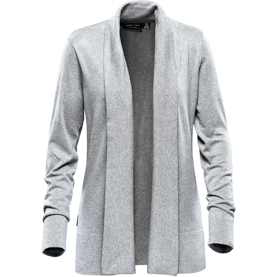 A grey women's Soho cardigan featuring an open front and long sleeves, with a logo on the inside.