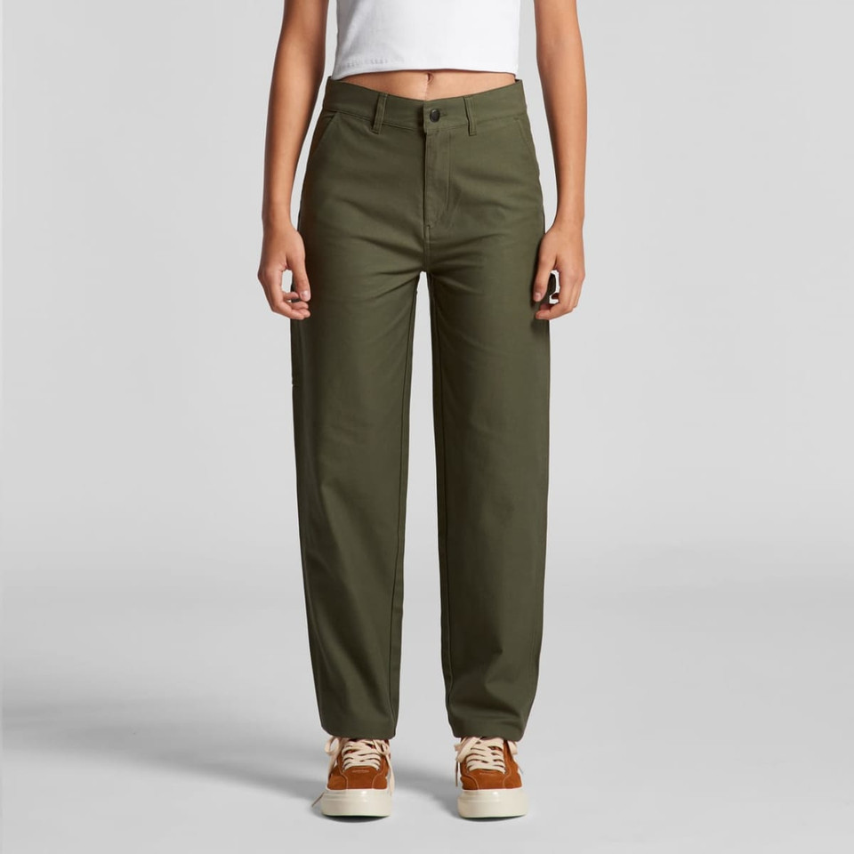Utility cargo pants in olive green, featuring a relaxed fit and pockets, worn by a person standing.