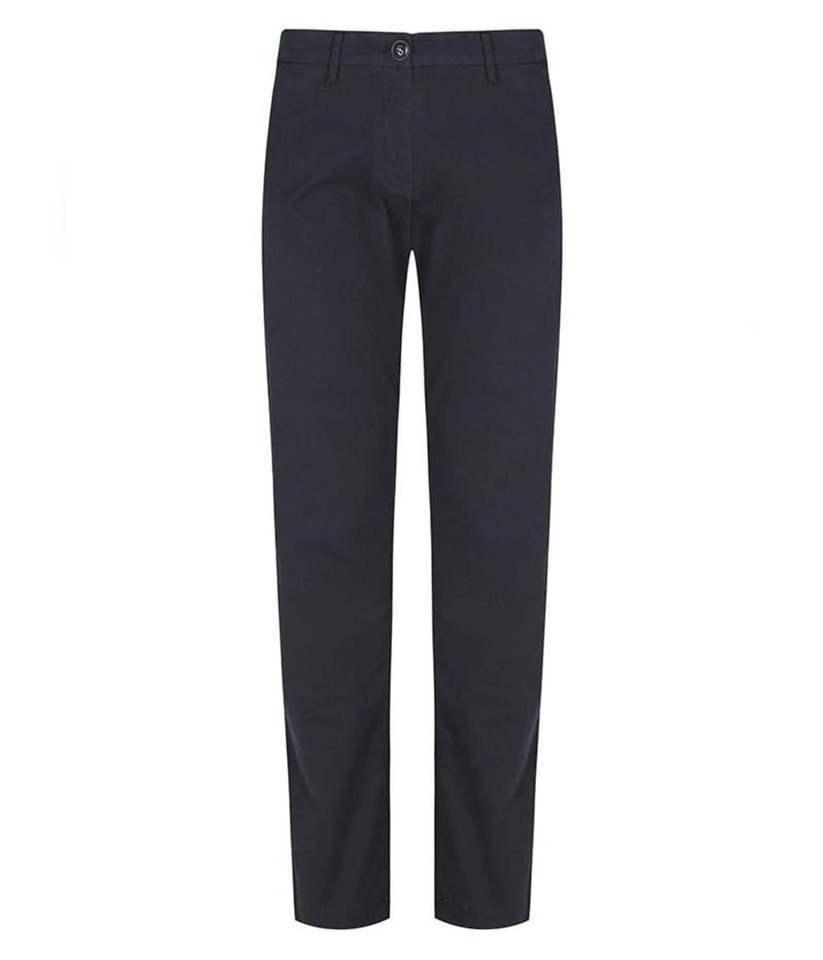 A pair of black chinos with a button and logo on the waistband, featuring straight legs and pockets.