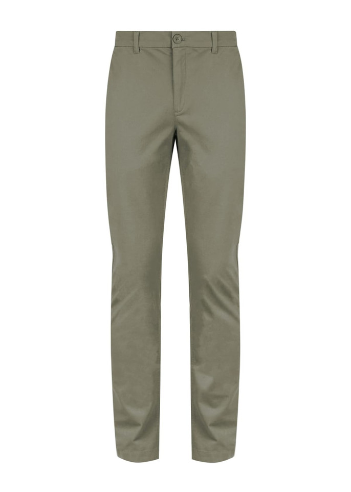 A pair of olive green chinos with a straight leg and a front button closure. The pants feature a subtle logo.