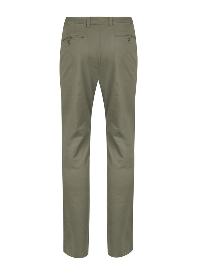 A pair of olive green chinos with a straight leg and two back pockets, featuring a subtle logo.