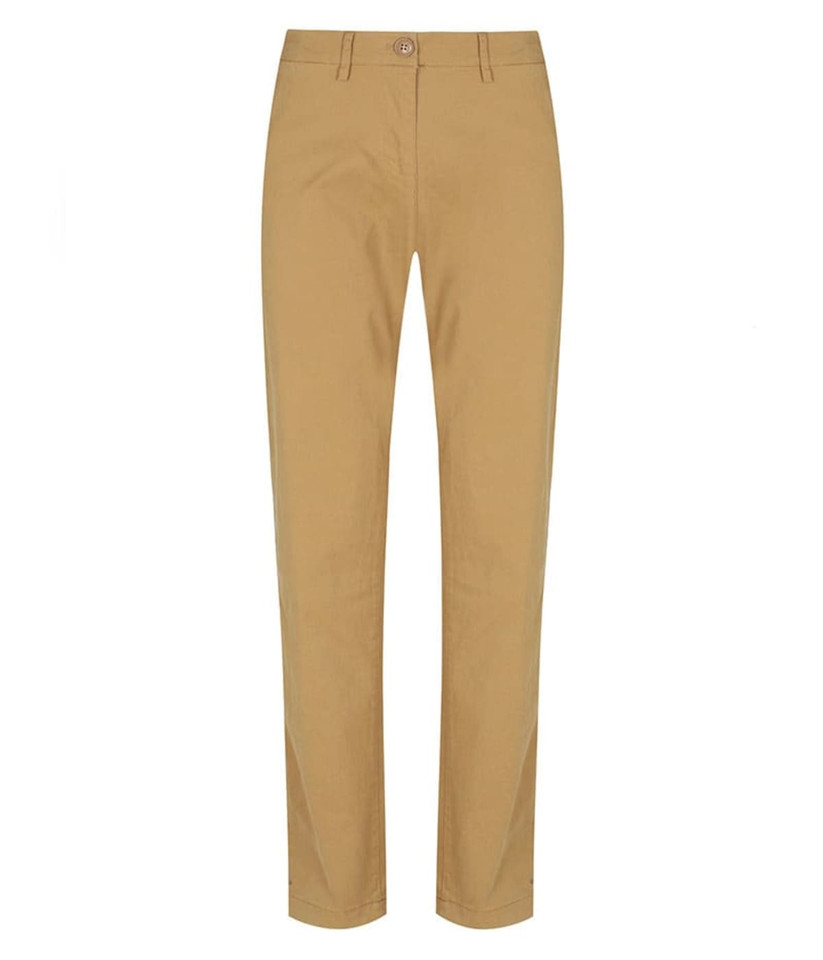A pair of tan chinos featuring a straight-leg design and a button closure, with a logo on the waistband.
