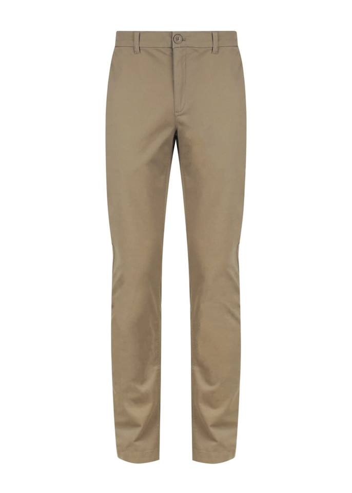 A pair of tan chino pants with a button closure and a brand logo on the waistband.