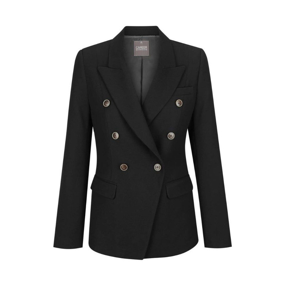 A black double-breasted blazer featuring gold buttons and structured lapels, with front pockets and a tailored fit.