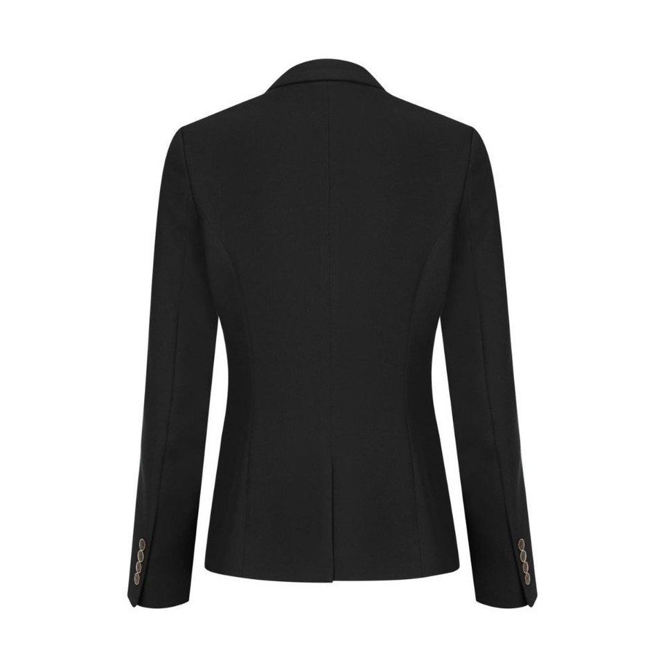 A women's black blazer featuring a tailored fit and long sleeves with button details. It includes a logo.