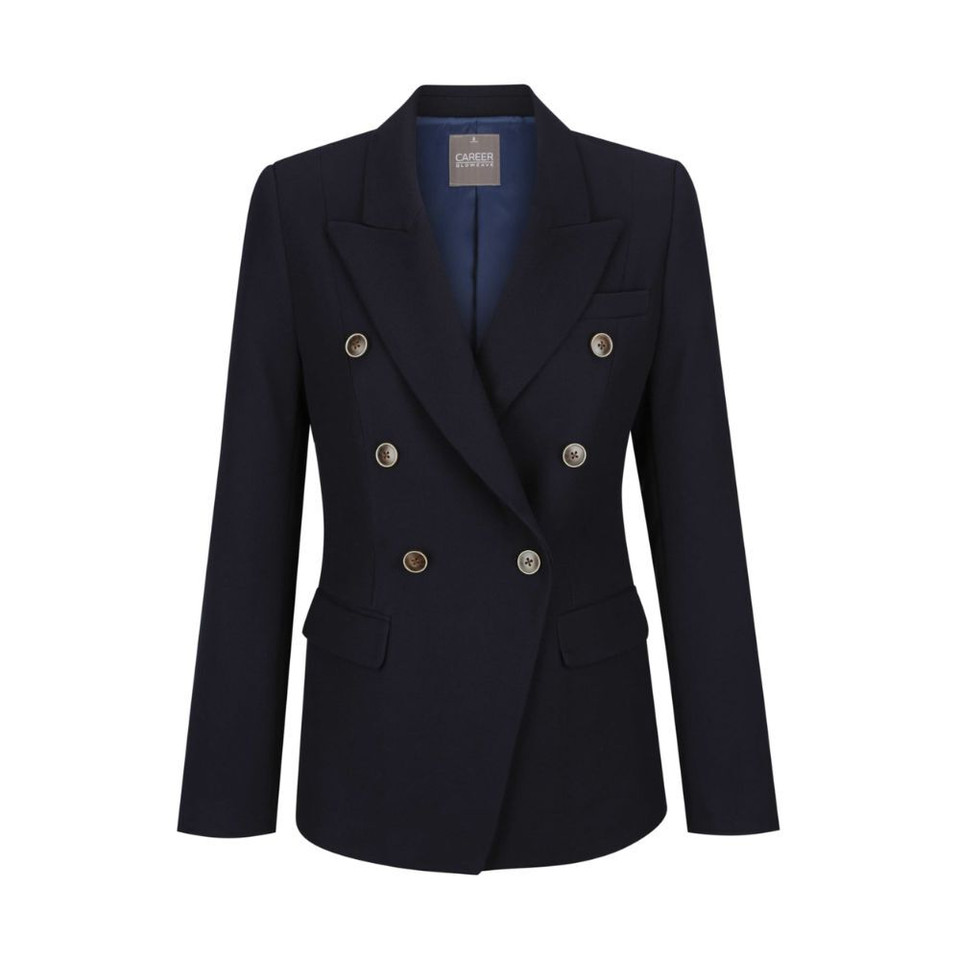 A navy women's blazer featuring double-breasted design and gold buttons, with a structured fit and notched lapels.