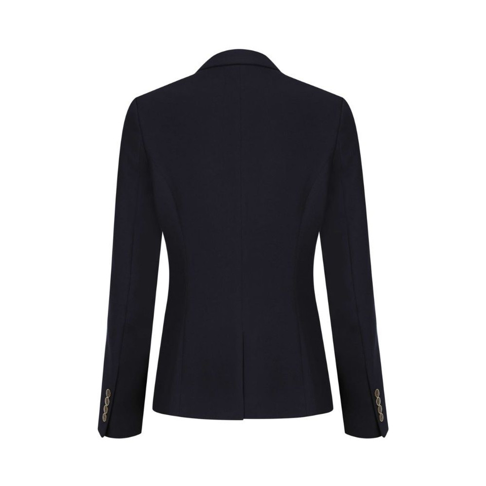 A women's blazer in navy blue, featuring a tailored silhouette and button details on the sleeves.