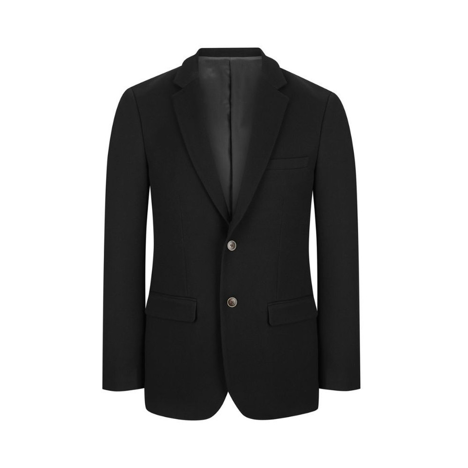 A black men's blazer featuring a single-breasted design, two front pockets, and a tailored fit.