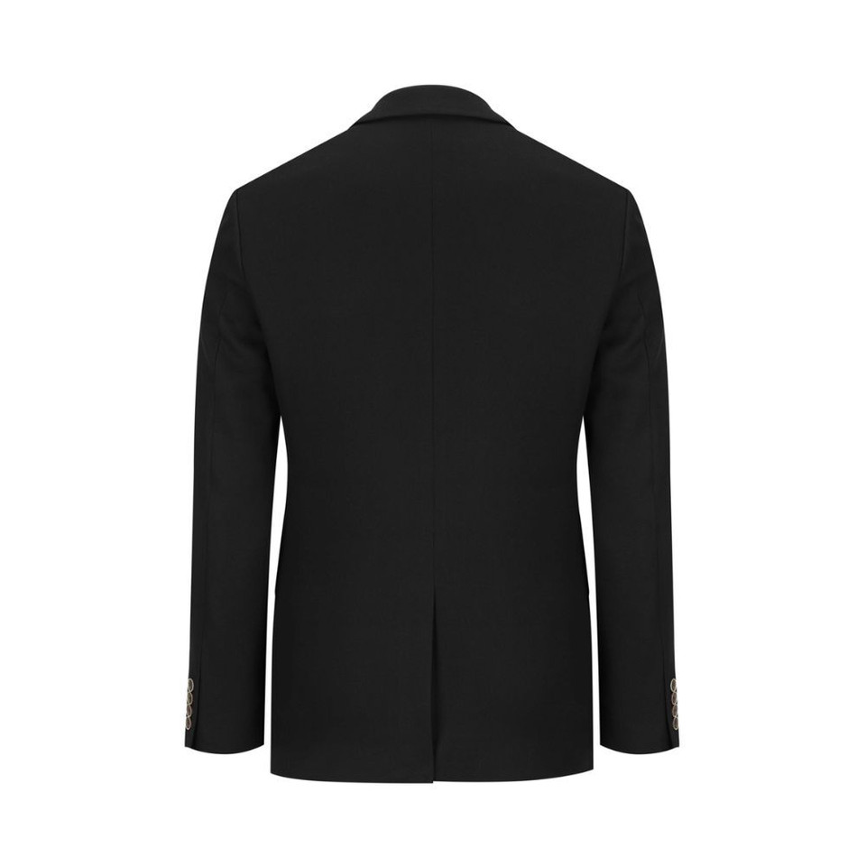 The back view of a black men's blazer featuring a single-breasted design, two front pockets, and a tailored fit.
