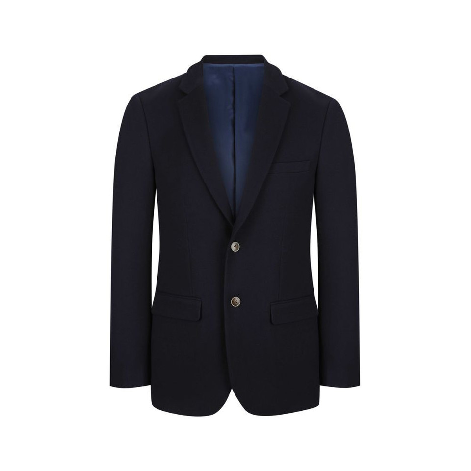 A navy blue men's blazer featuring a single-breasted design, two front pockets, and a tailored fit.