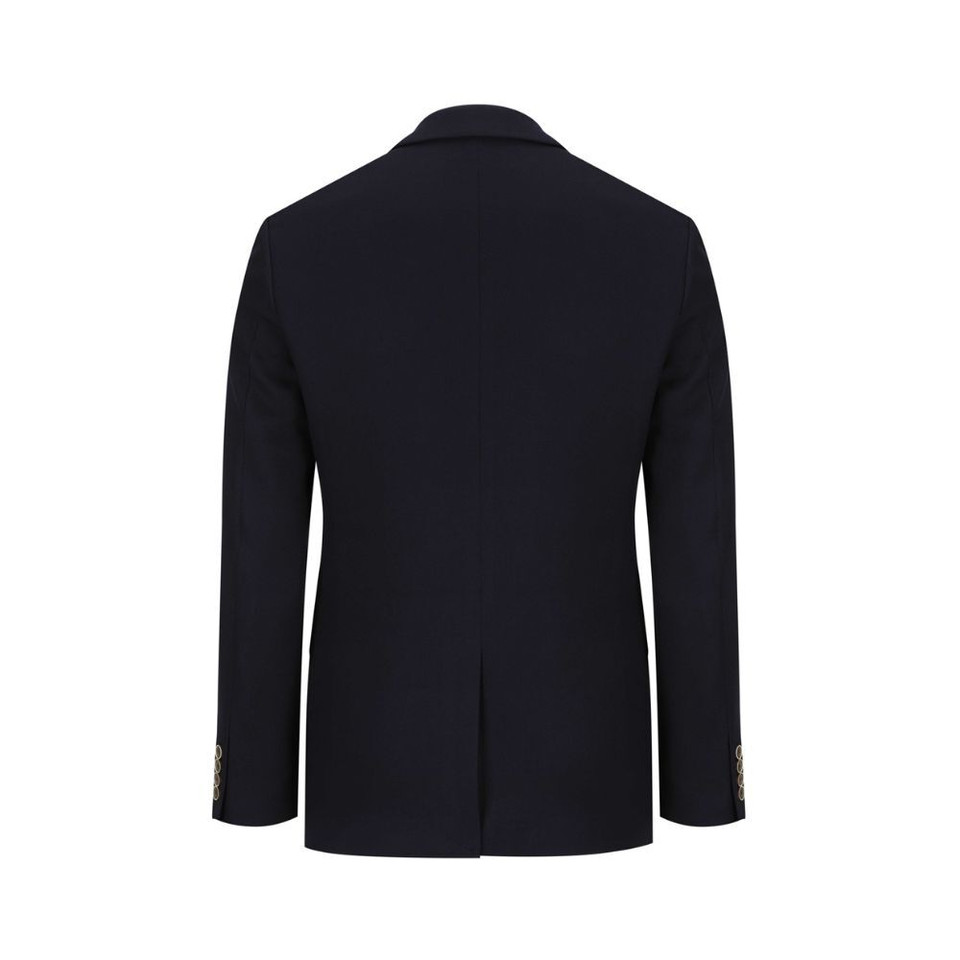 The back view of a navy blue men's blazer featuring a single-breasted design, two front pockets, and a tailored fit.