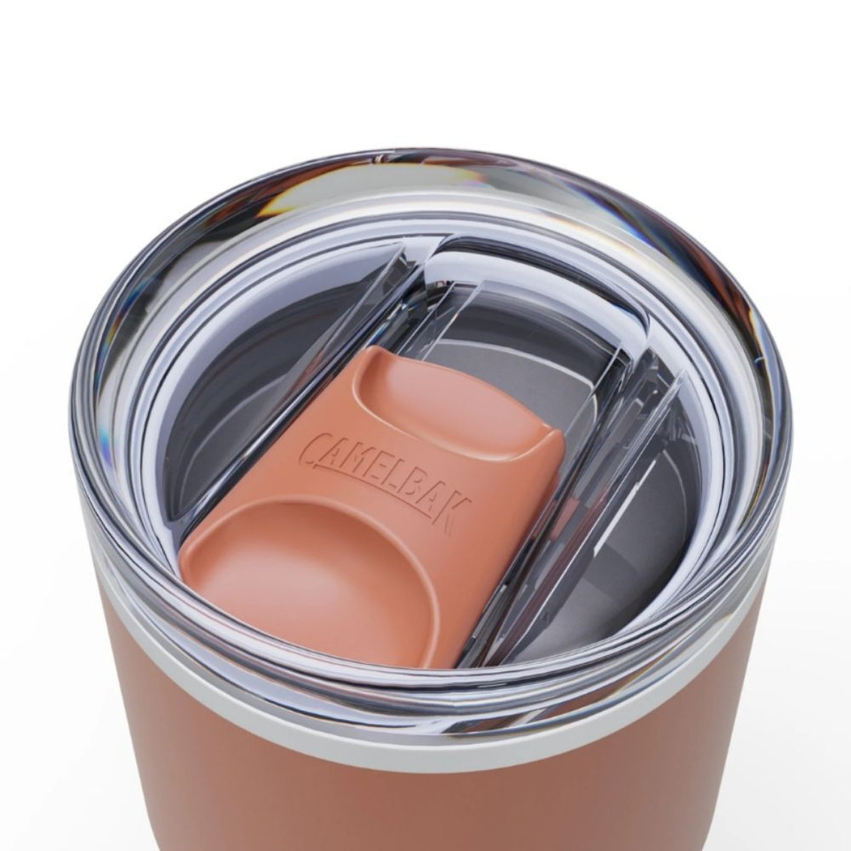 Lid of a stainless steel Camelbak tumbler with a sierra red slider
