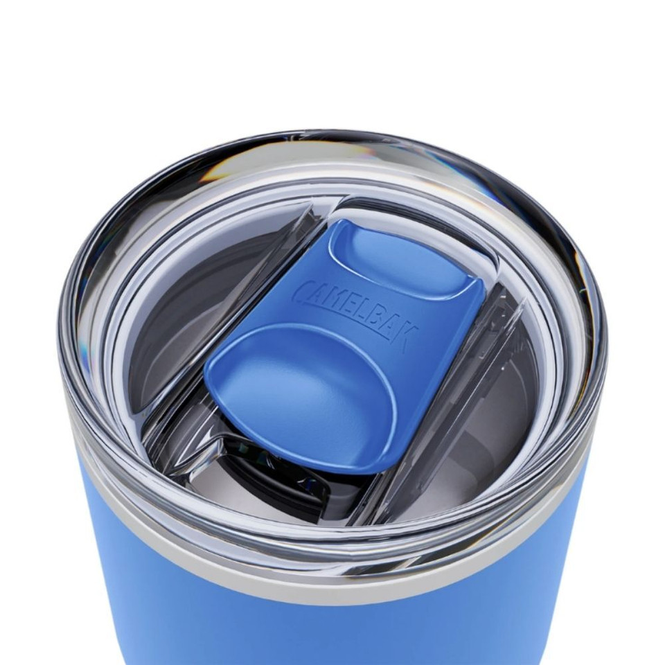 Lid of a stainless steel Camelbak tumbler with a sky blue slider