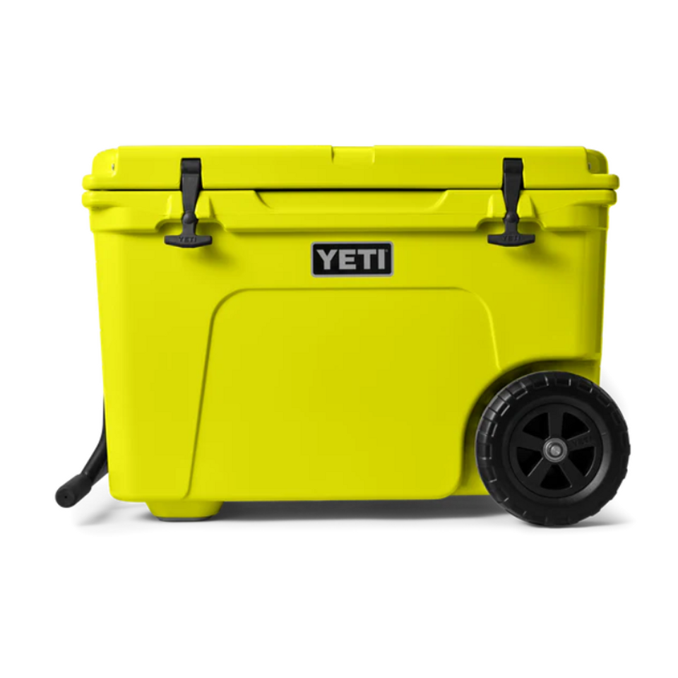 YETI Tundra Haul wheeled cooler in yellow, front view.