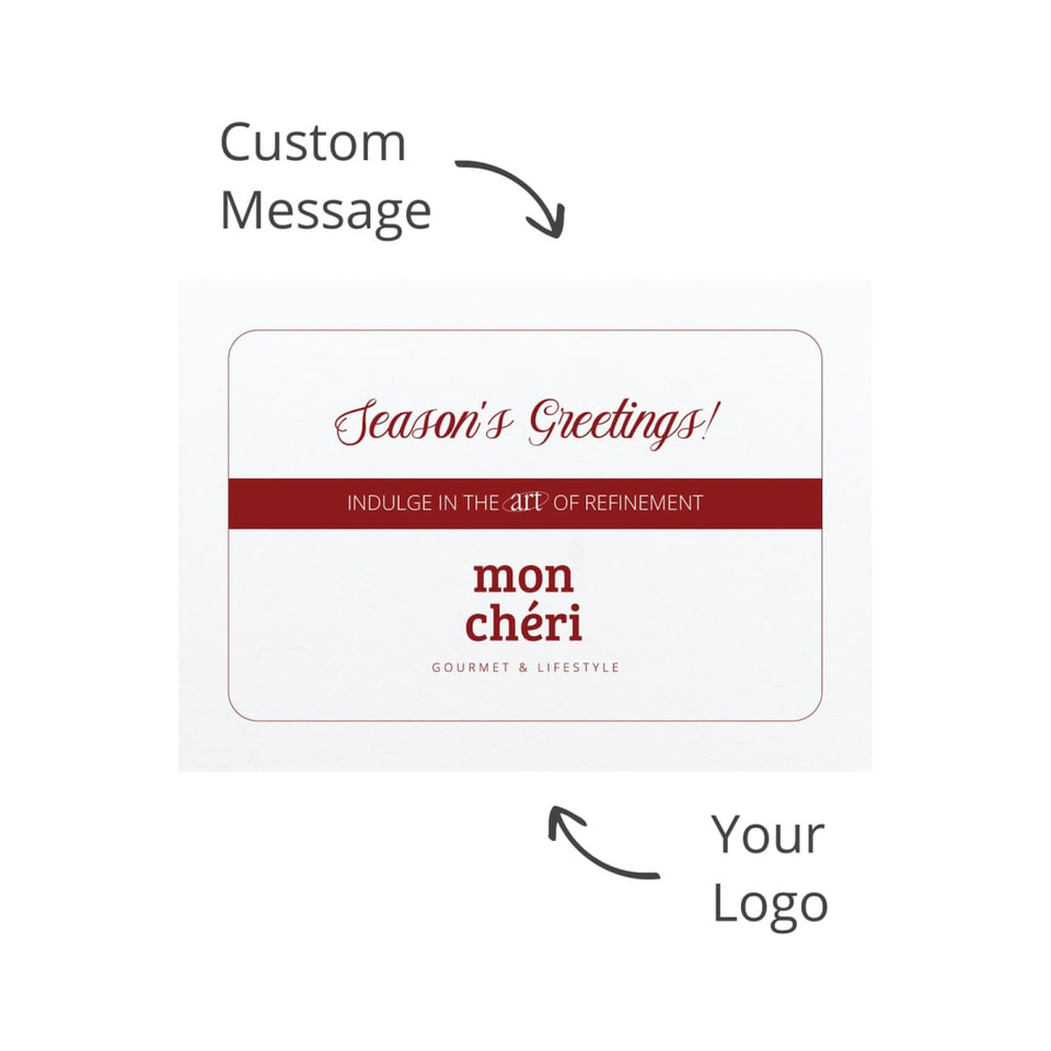 A white card featuring a festive greeting with a red accent and space for a custom message. Includes a logo.