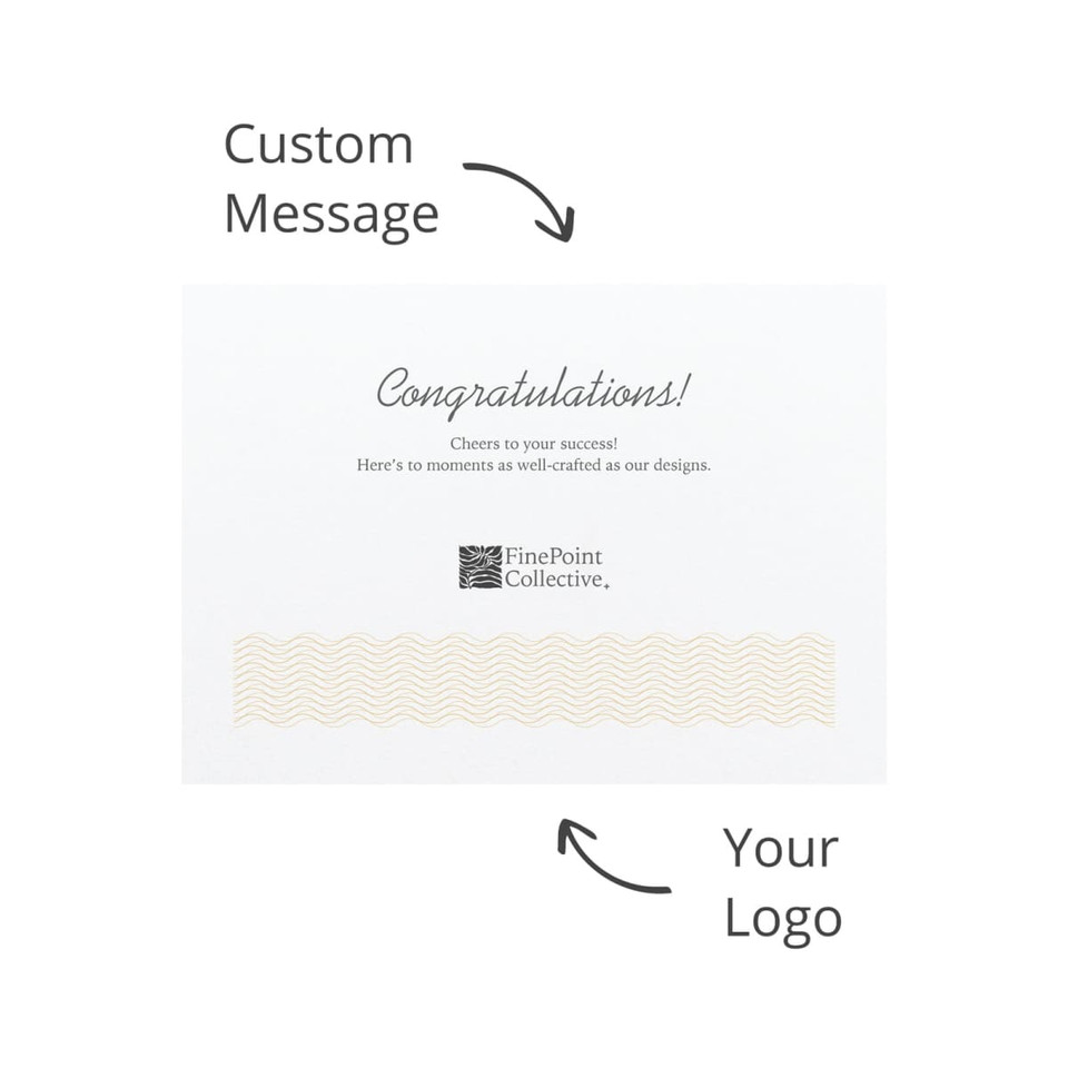 A white card featuring a wave pattern, with space for a custom message and a logo.
