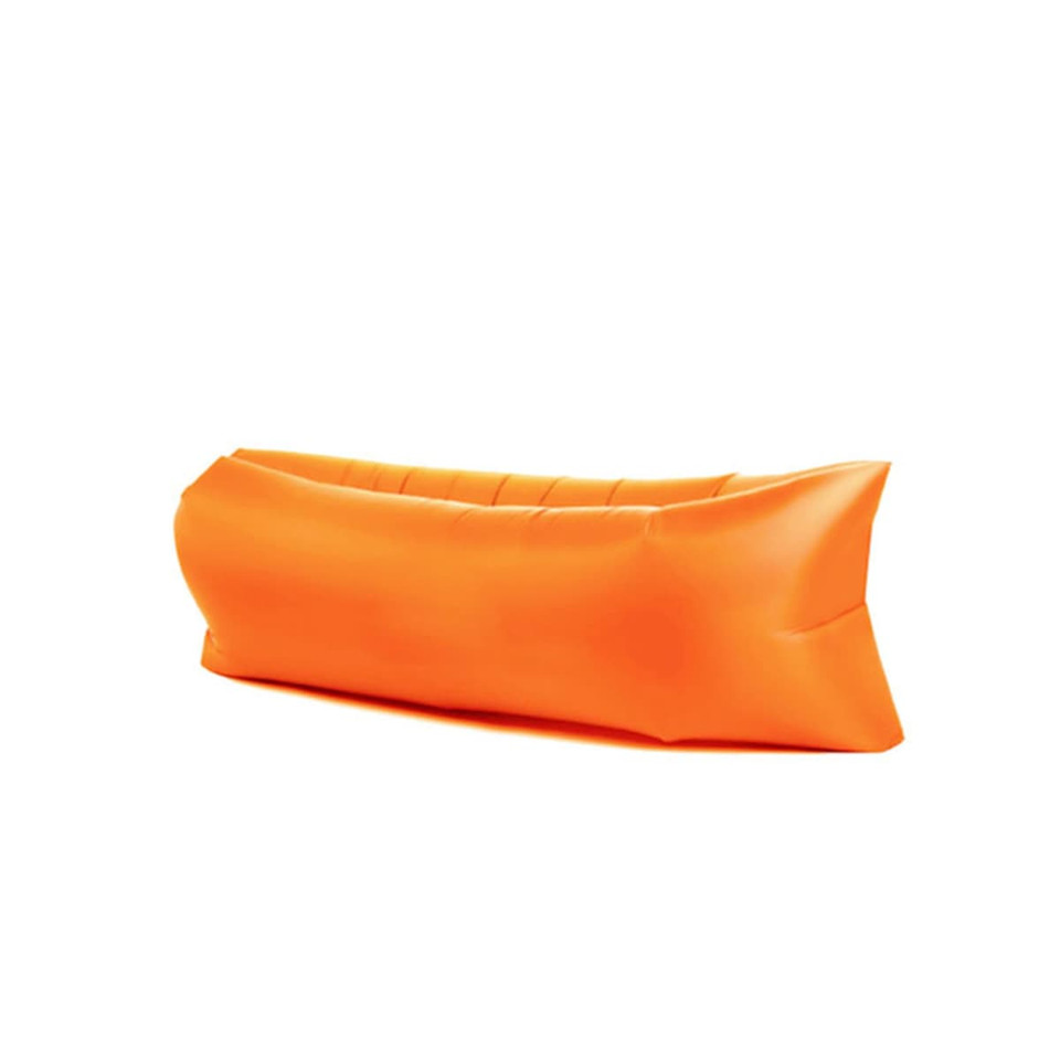 An inflatable lazy bed in bright orange, featuring a sleek, curved design and a logo on one side.