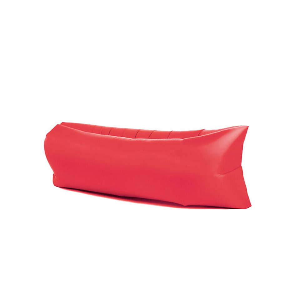 A red inflatable lazy bed with a sleek, curved design, featuring a logo on one side.