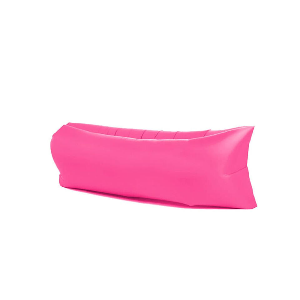A pink inflatable lazy bed with a sleek design, suitable for relaxation. Features a logo on the side.