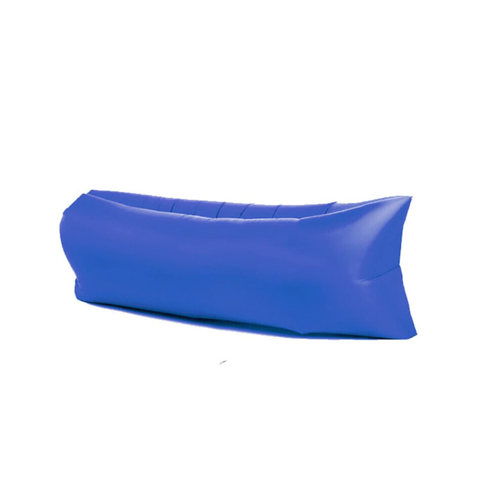 A blue inflatable lazy bed with a smooth surface and a simple design, featuring a logo on the side.