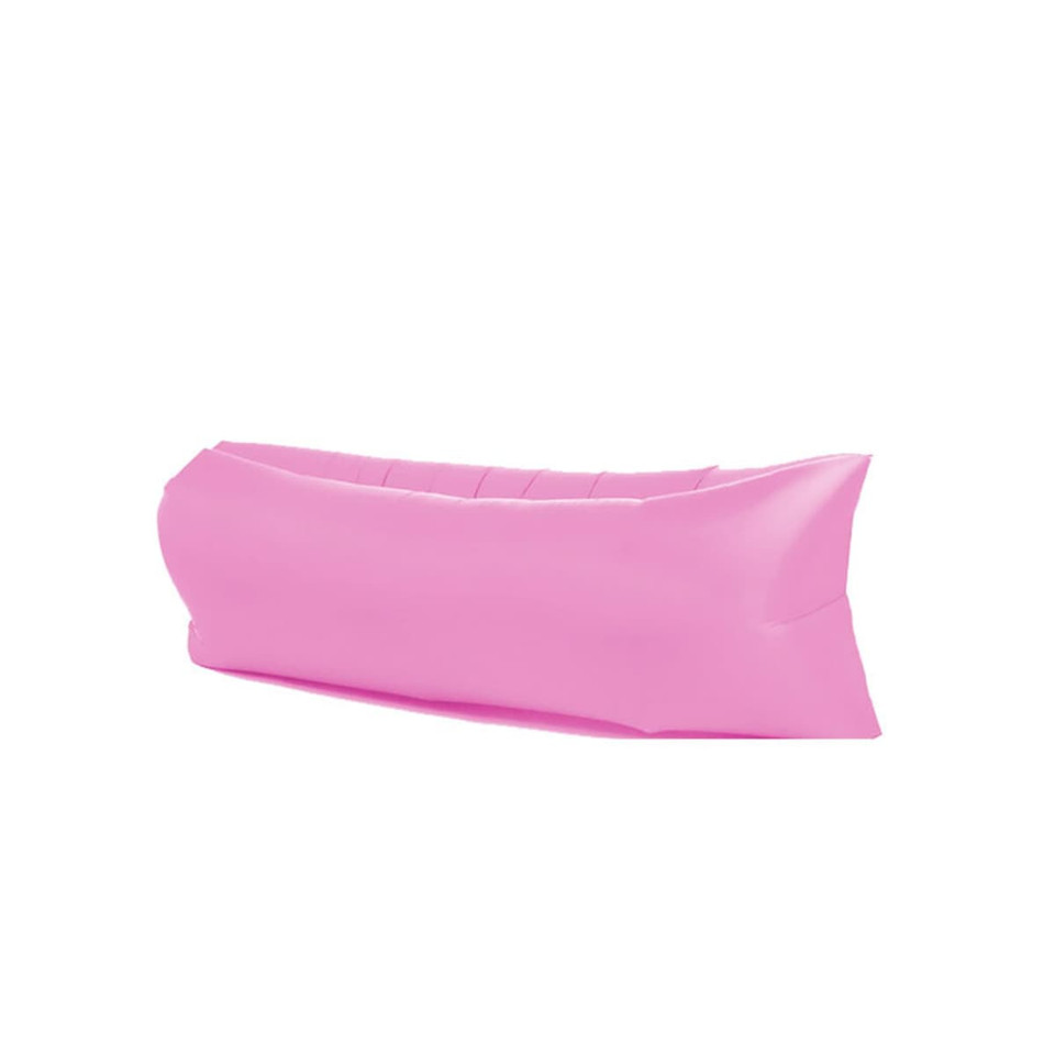 An inflatable lazy bed in bright pink, with a smooth surface and a simple design. Features branding on one side.