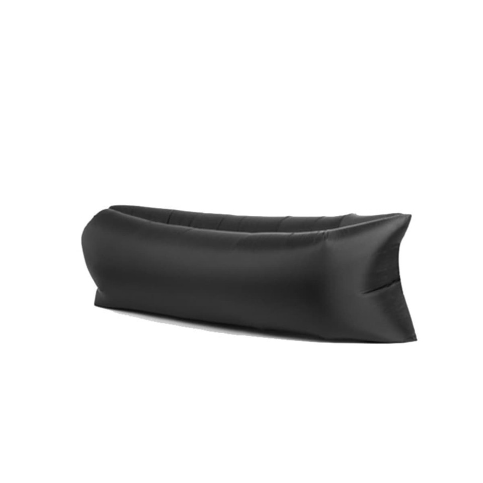 An inflatable lazy bed in black, featuring a sleek and modern design. It has a logo on one side.