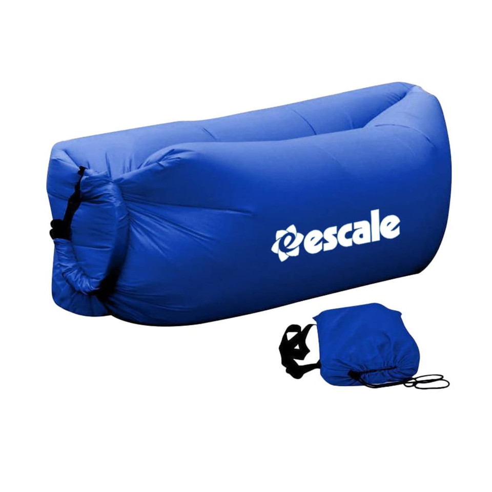 An inflatable lazy bed in vibrant blue, featuring a branded logo and a compact carry bag.