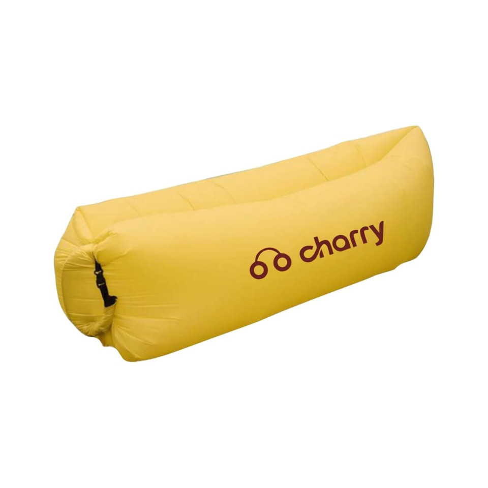 A yellow inflatable lazy bed with a branding logo on the side.