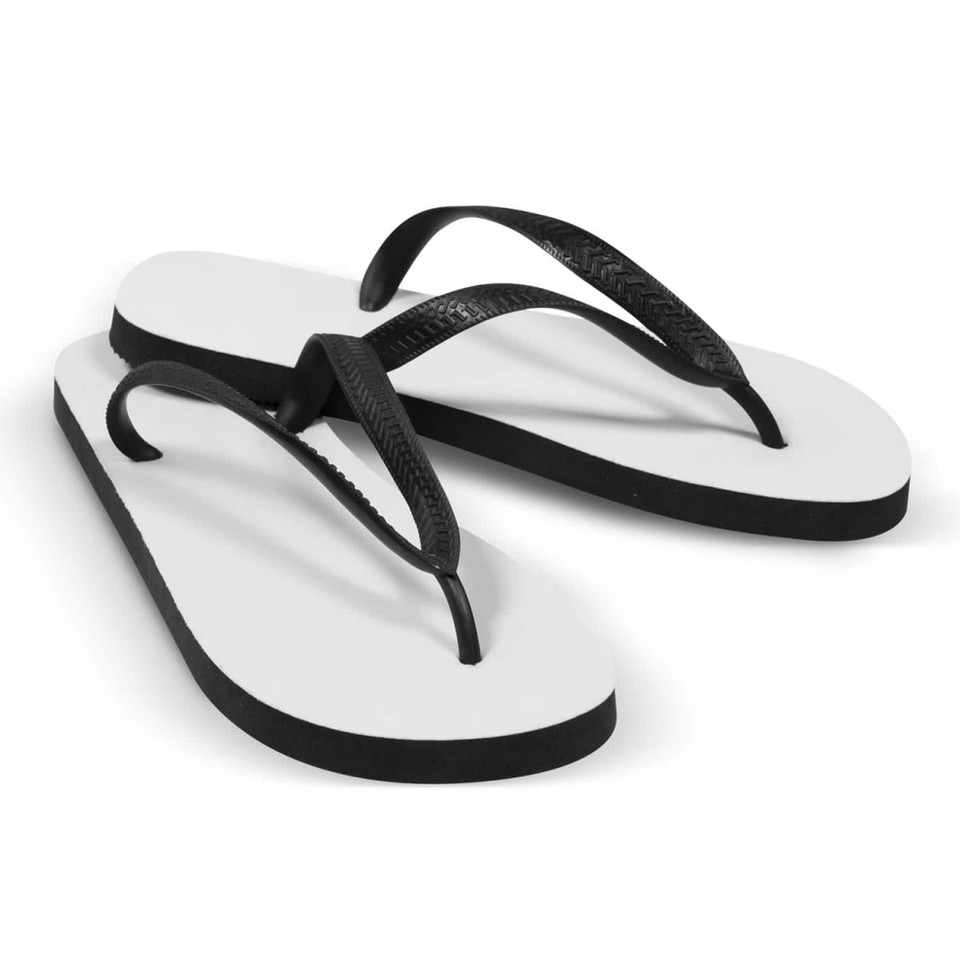 A pair of black and white flip flops, featuring a thong design and a simple, minimalist style.