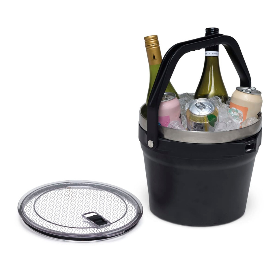 A black 7.2L bucket with a handle, containing drinks surrounded by ice, alongside a transparent lid.