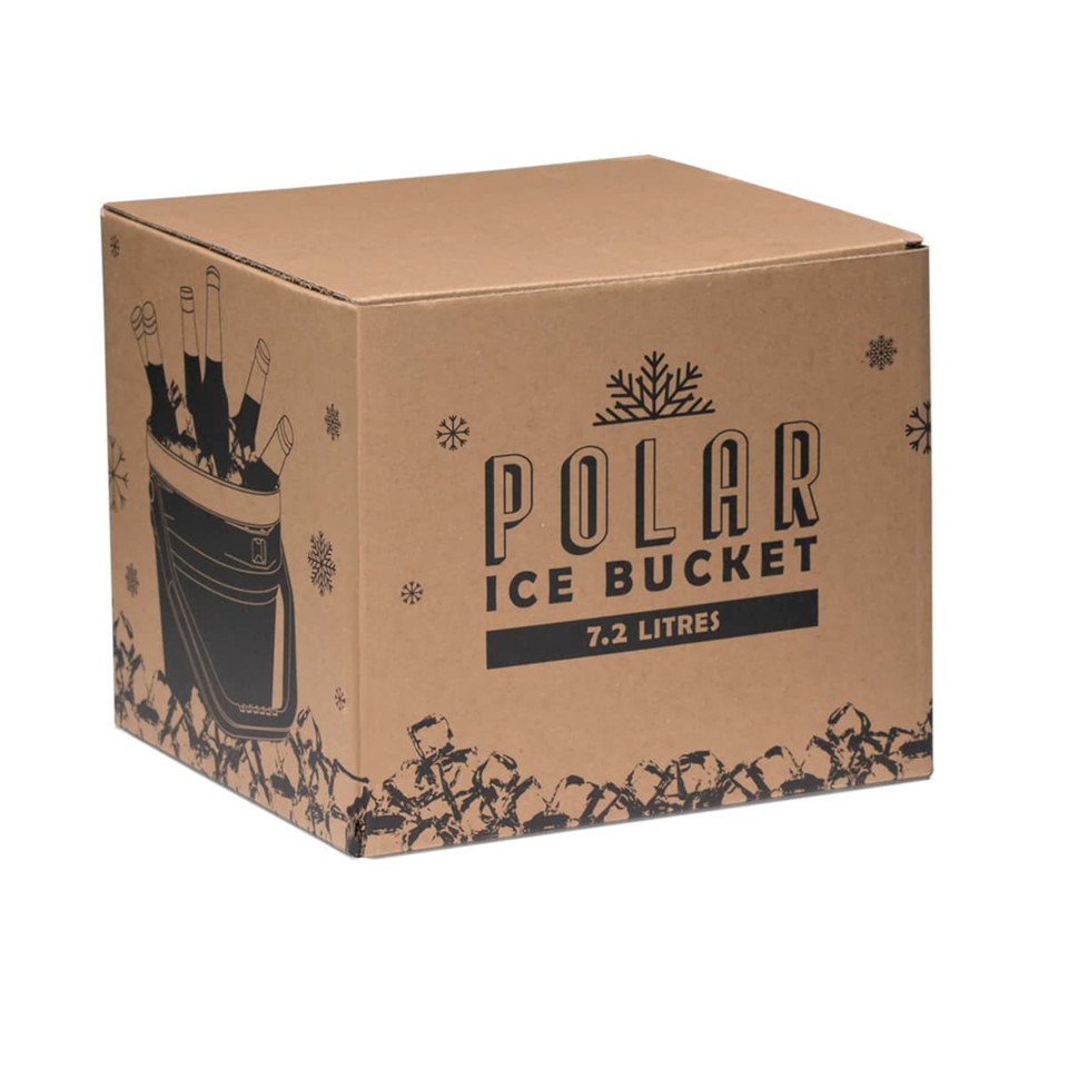 A cardboard box containing a Polar Ice 7.2L bucket, illustrated with a design featuring ice and bottles.