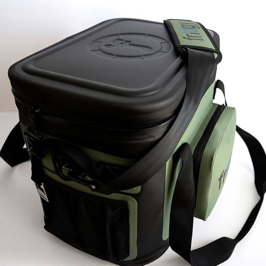 Durable black and green cooler bag with shoulder strap for outdoor activities.