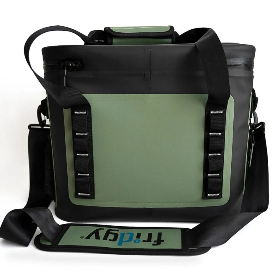 Rear view of the black and olive green Fridgy 20L cooler bag showcasing attachment loops, carry straps, and an adjustable branded shoulder strap.