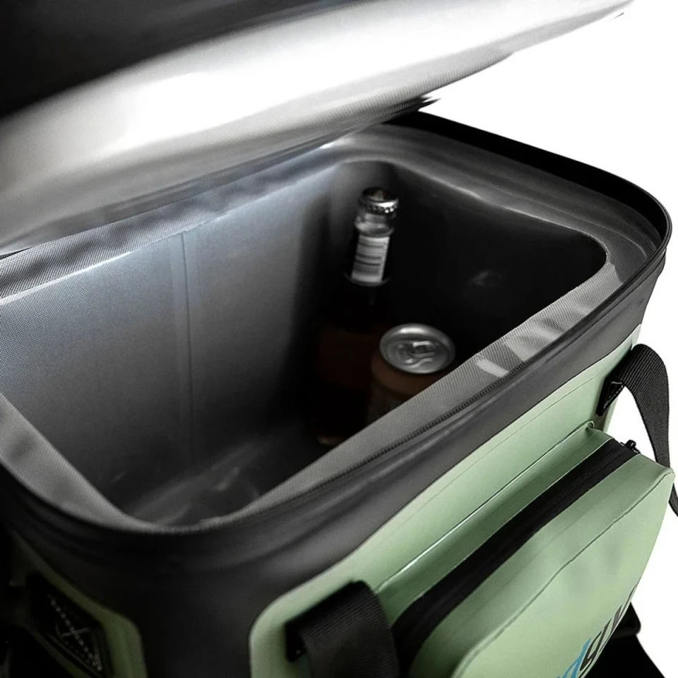Open Fridgy 20L insulated cooler bag displaying its spacious waterproof interior compartment designed for keeping food and beverages chilled.
