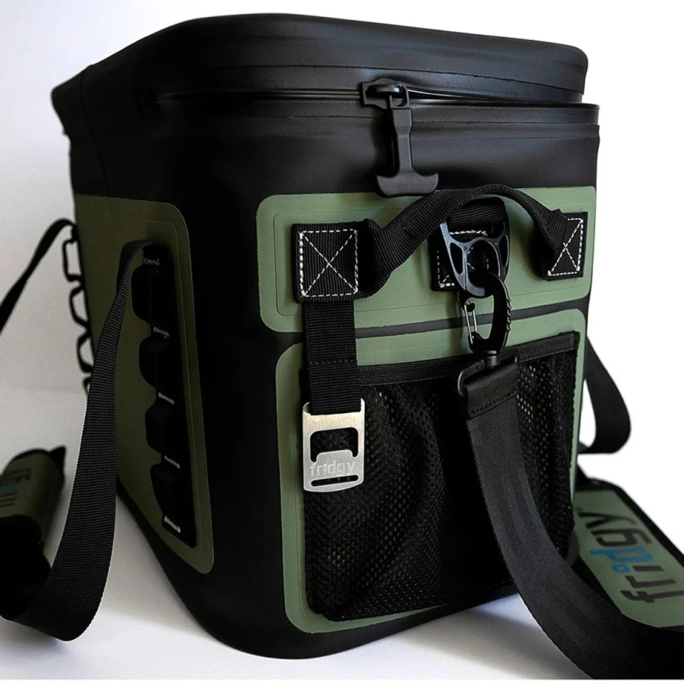 Rear angled view of the Fridgy 20L cooler bag highlighting external mesh storage pockets, attachment loops, durable carry handles, and waterproof zipper closure.