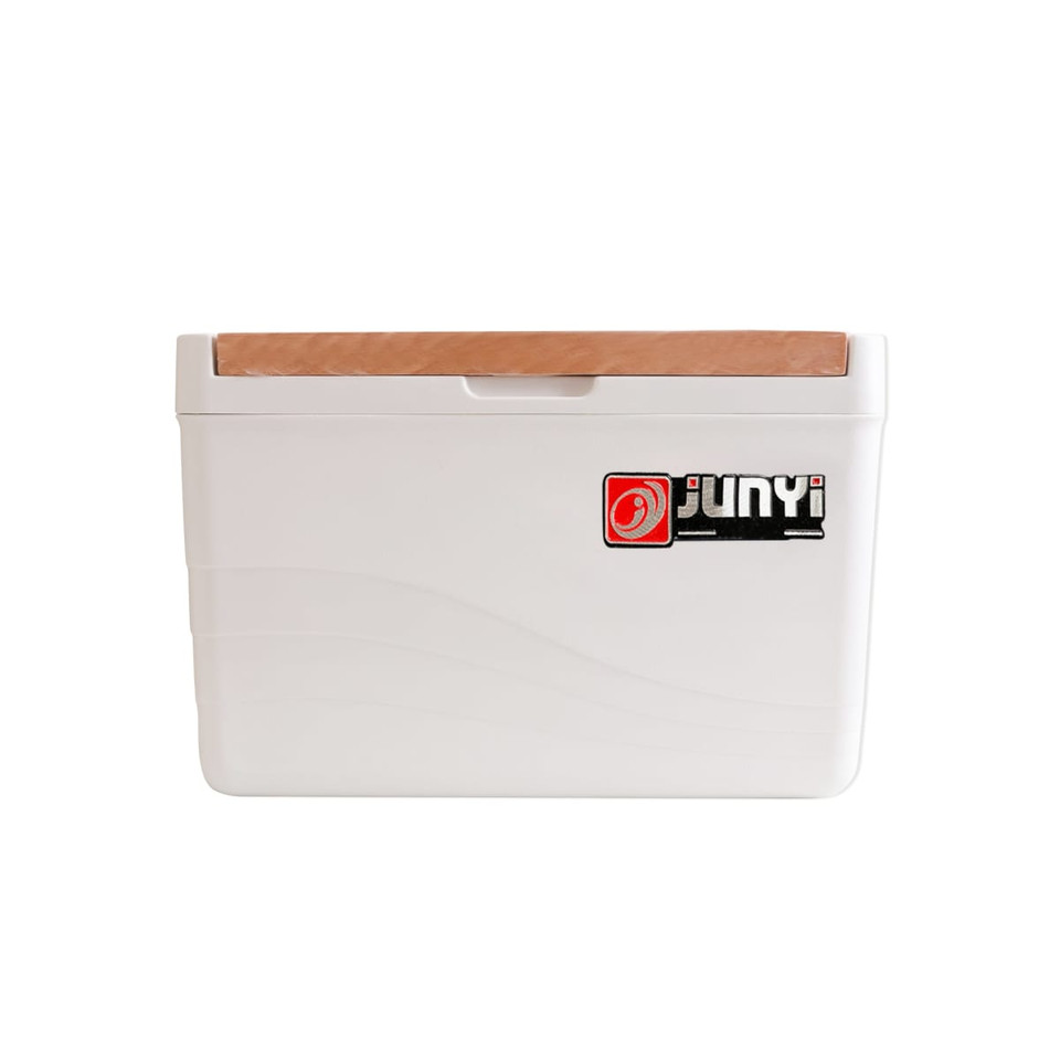 A white cooler box with a wooden lid and a logo on the front.