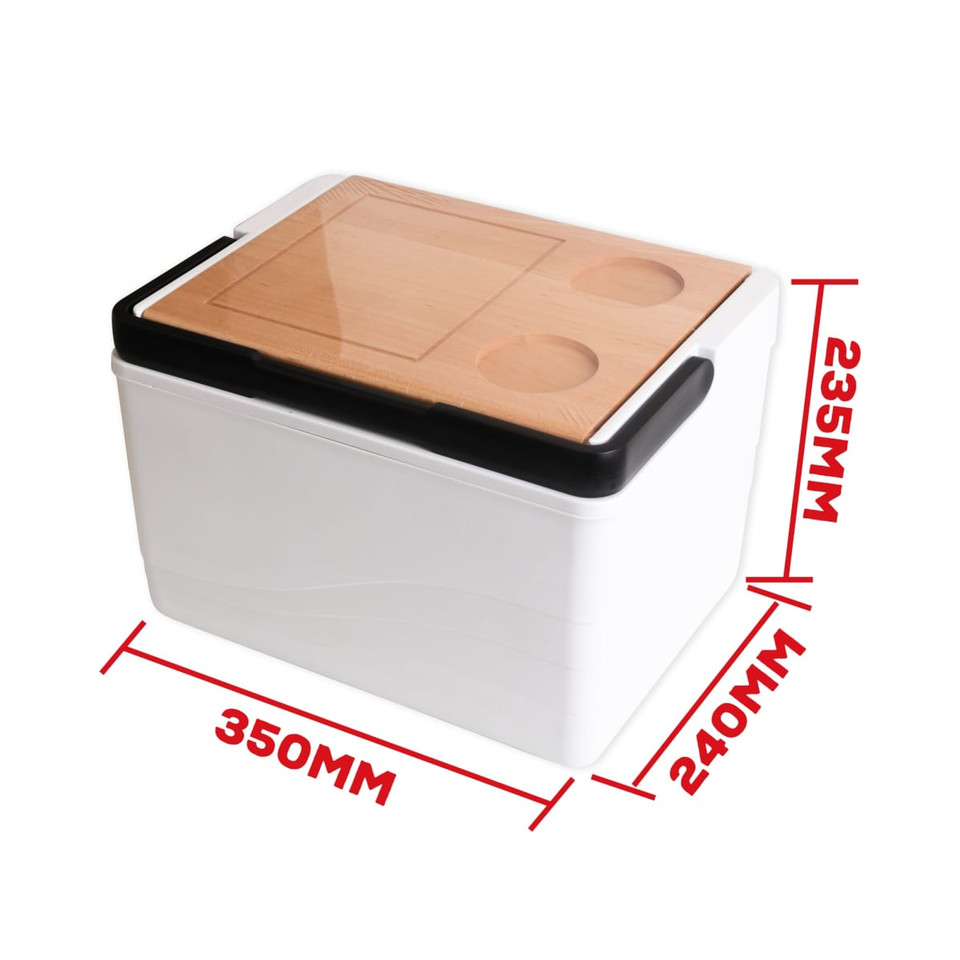 A white cooler box with a wooden lid, featuring two circular cutouts, measures 350mm x 240mm x 235mm.