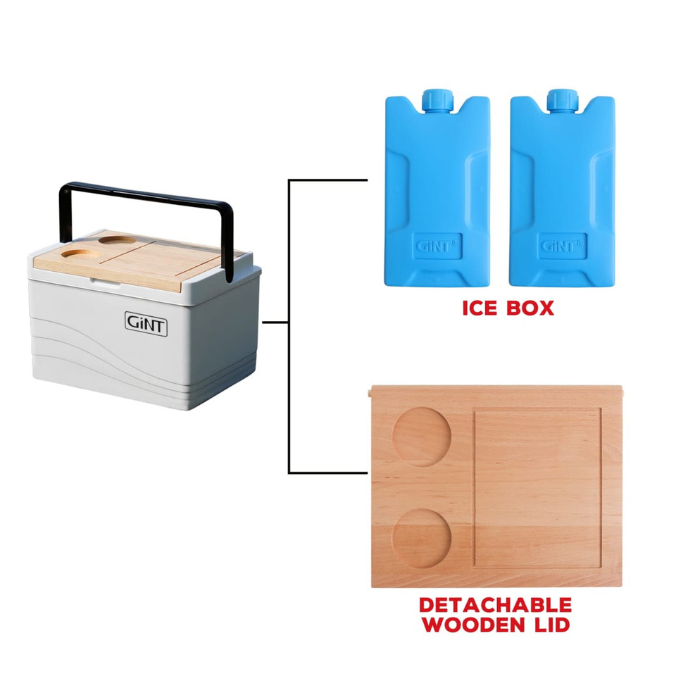 A cooler box in white with a detachable wooden lid and two blue ice packs, featuring a black handle.