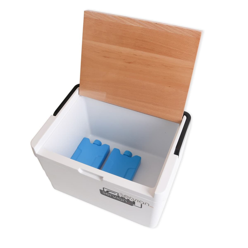 A white cooler box with a wooden lid, featuring two blue ice packs inside. It has a brand logo.