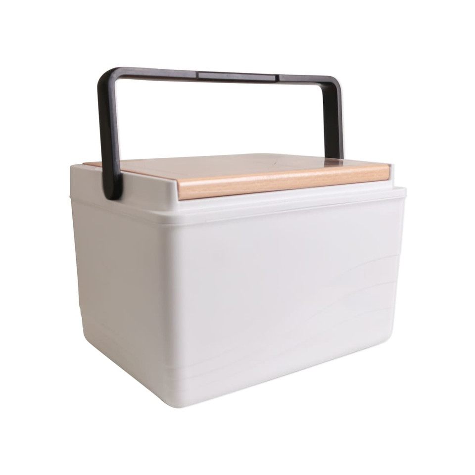 A cooler box in white with a wooden lid and a black handle. It features a simple, modern design.