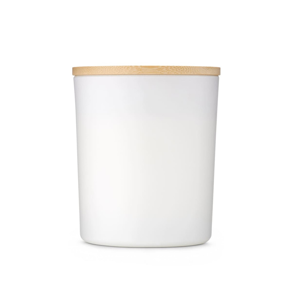 A large white glass candle with a bamboo lid, designed for home and living decor.