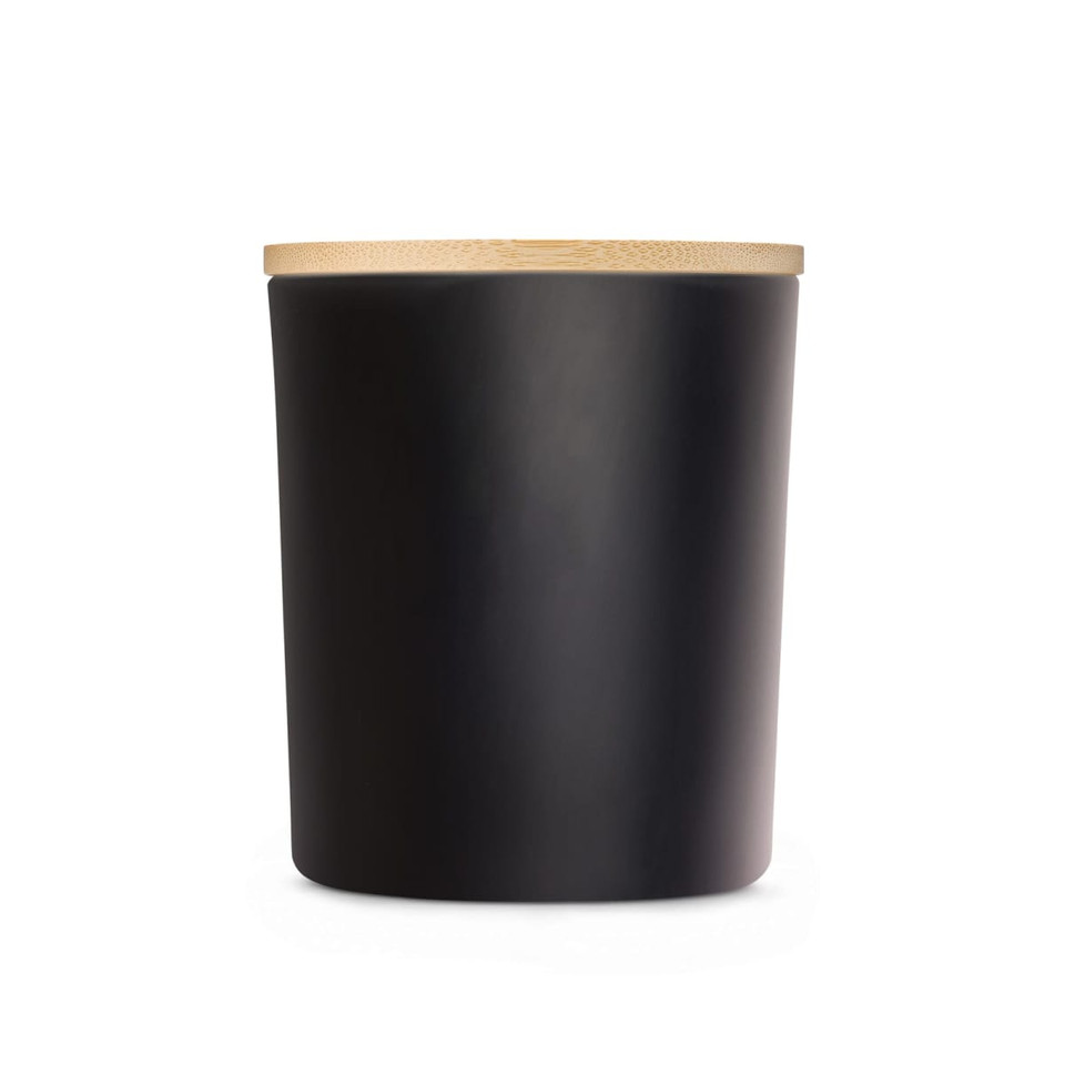 A black storage jar with a wooden lid. The jar features a smooth matte finish and a cylindrical shape.