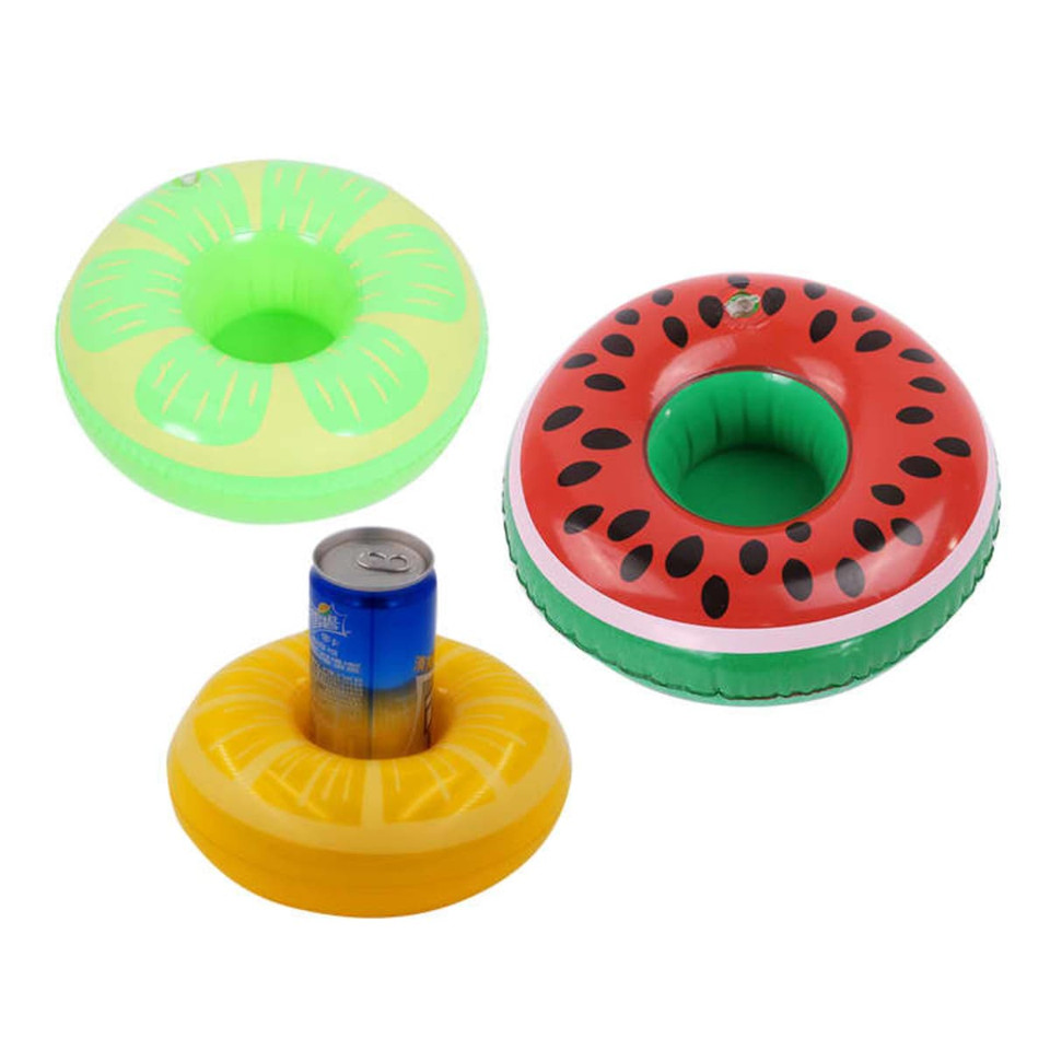 Three inflatable cup holders in bright colours: green, red, and yellow, featuring fruit designs. A can is placed in one holder.