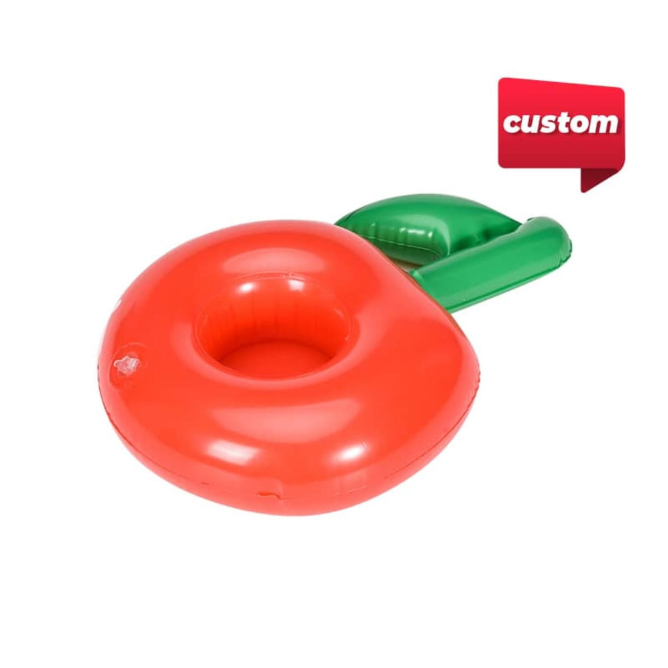 An inflatable cup holder in bright red and green, featuring a circular holder and a leaf-shaped handle.