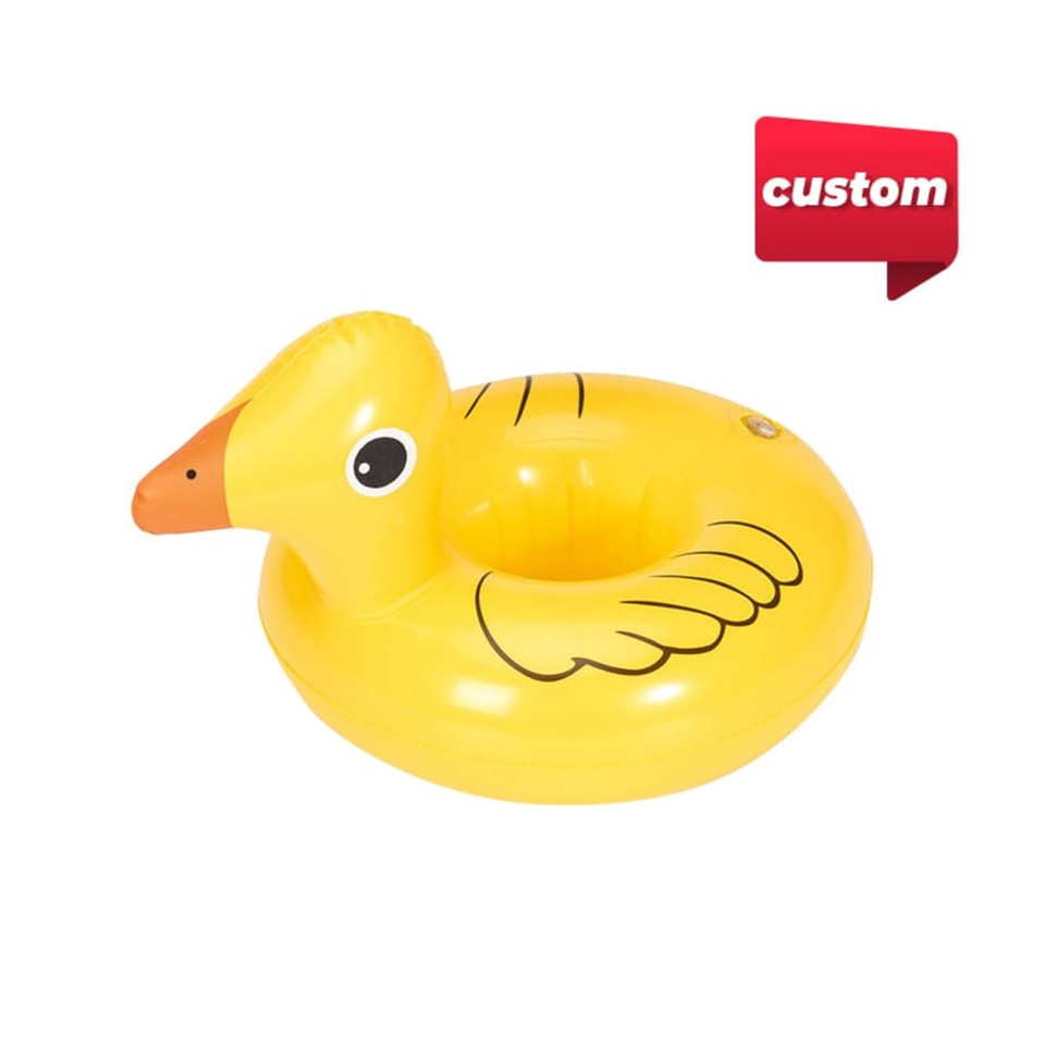 A yellow inflatable cup holder shaped like a duck with a beak and wings. It features a logo.
