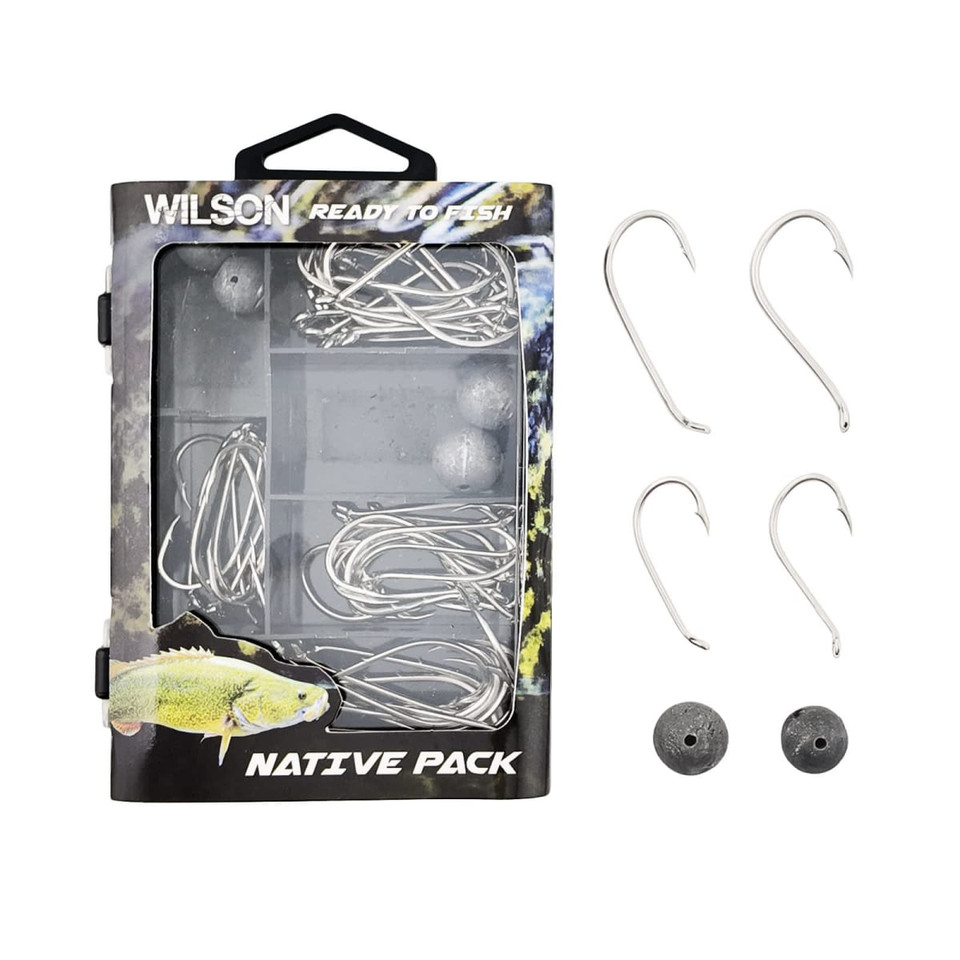 A fishing tackle kit in a clear box featuring silver fishing hooks and grey sinkers. The box has a logo.