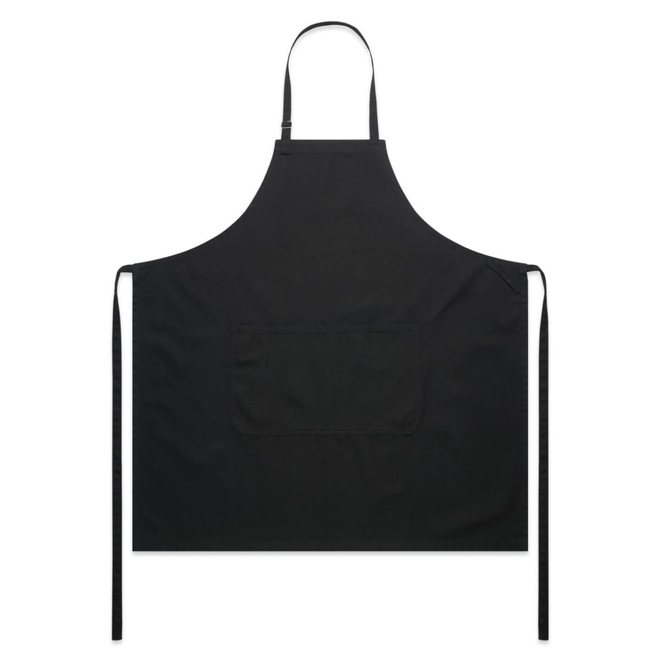 A black canvas apron with a large front pocket and adjustable straps. It features a logo on the fabric.