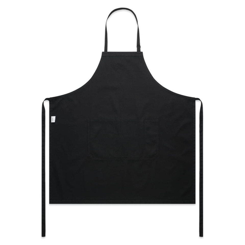 A black canvas apron featuring a front pocket and ties at the waist. It has a logo in the design.